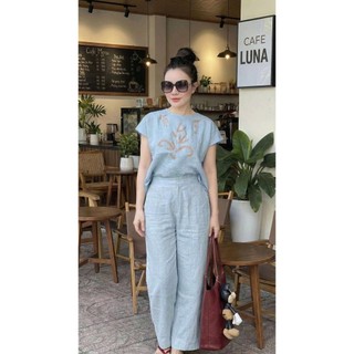 HE7 - Đồ Bộ Nữ Vải Đũi Mát Lạnh - Set Áo Cộc Tay Thêu Hoa Quần Suông Dài Cao Cấp