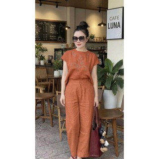 HE7 - Đồ Bộ Nữ Vải Đũi Mát Lạnh - Set Áo Cộc Tay Thêu Hoa Quần Suông Dài Cao Cấp