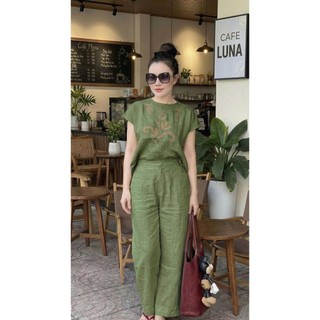 HE7 - Đồ Bộ Nữ Vải Đũi Mát Lạnh - Set Áo Cộc Tay Thêu Hoa Quần Suông Dài Cao Cấp