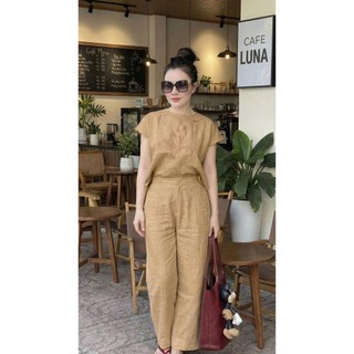 HE7 - Đồ Bộ Nữ Vải Đũi Mát Lạnh - Set Áo Cộc Tay Thêu Hoa Quần Suông Dài Cao Cấp