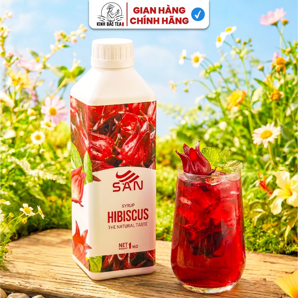 Syrup/siro HIBISCUS SAN Chai 1Kg, có mẫu thử 100ml, tặng công thức pha chế, hương thơm, trái cây tự nhiên