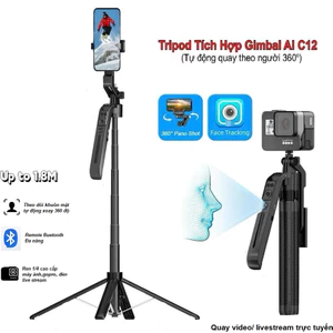 Gậy Selfie quay video 1 mình kim Tripod 4 chân 1m8 có Gimbal camera AI cảm biến nhận diện khuôn mặt theo dõi chuyển động