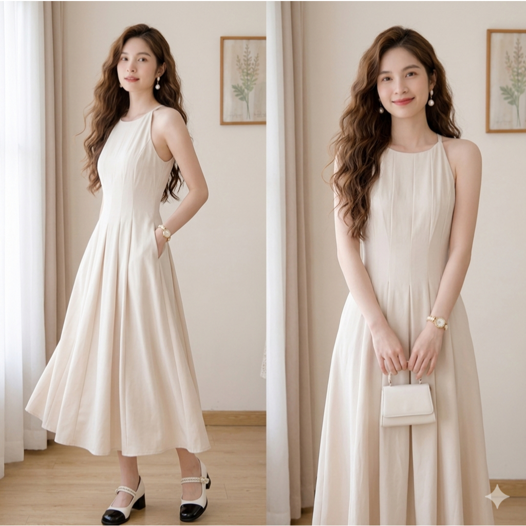 Váy cổ yếm dáng dài xòe chất chéo tiểu thư Hàn Quốc Linh Tây-Store V002