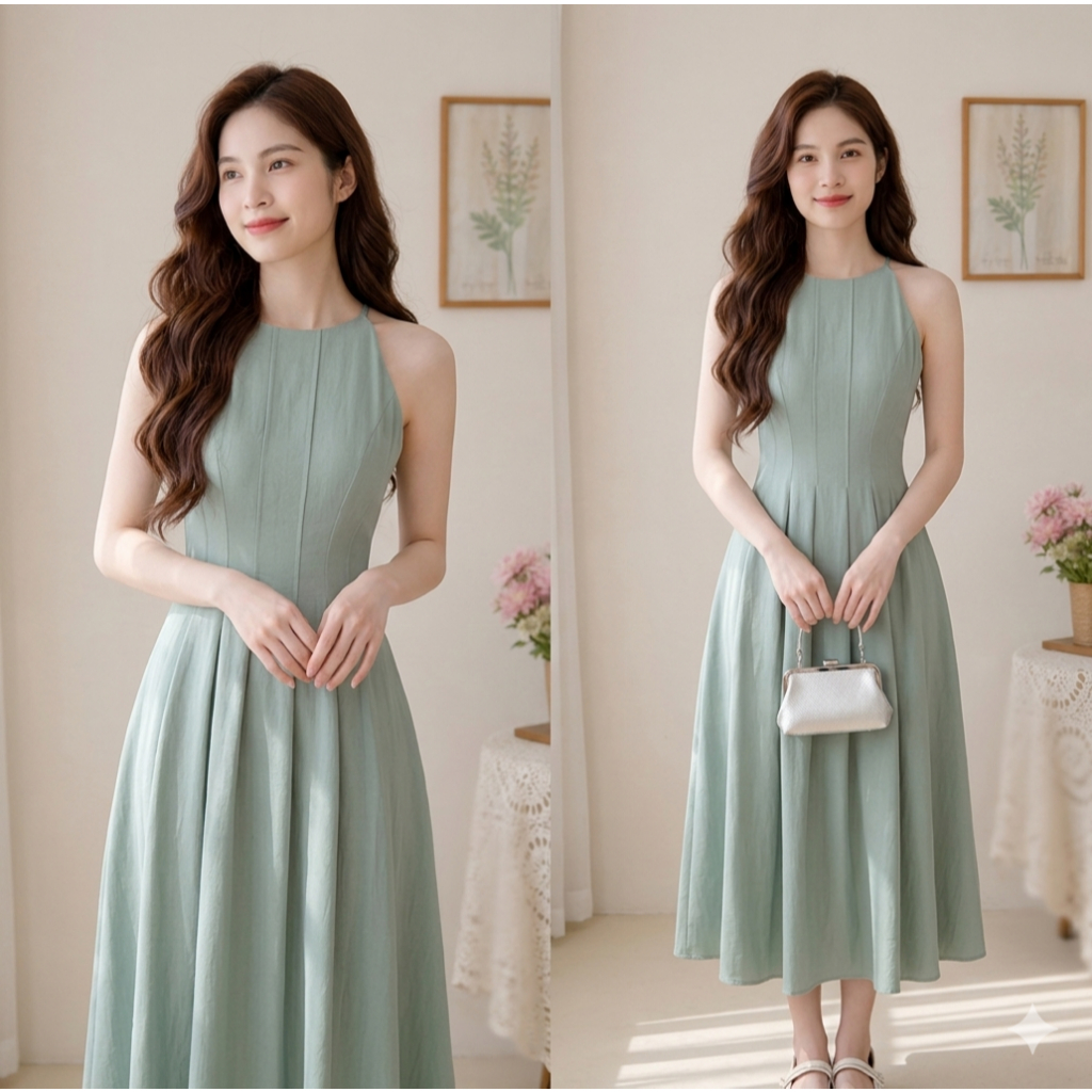 Váy cổ yếm dáng dài xòe chất chéo tiểu thư Hàn Quốc Linh Tây-Store V002