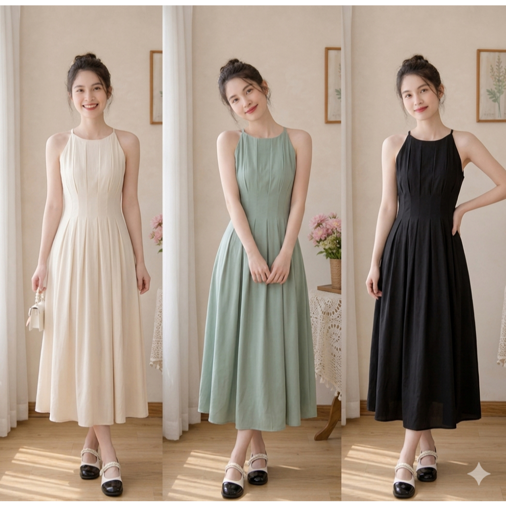 Váy cổ yếm dáng dài xòe chất chéo tiểu thư Hàn Quốc Linh Tây-Store V002