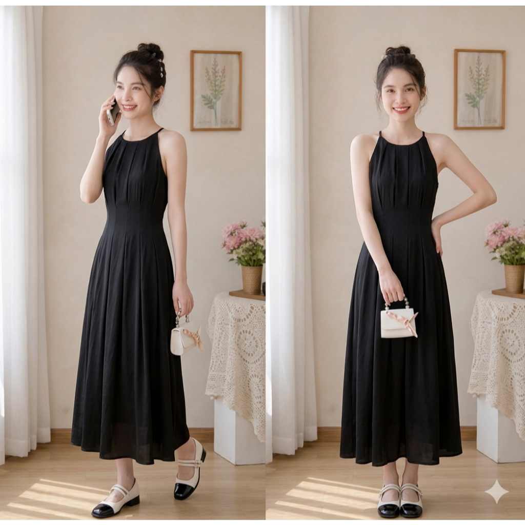 Váy cổ yếm dáng dài xòe chất chéo tiểu thư Hàn Quốc Linh Tây-Store V002