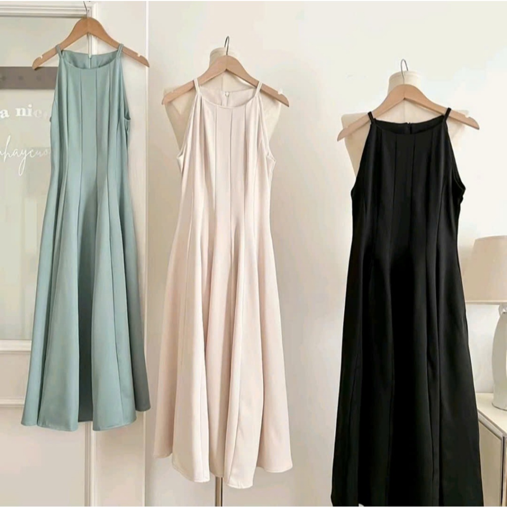 Váy cổ yếm dáng dài xòe chất chéo tiểu thư Hàn Quốc Linh Tây-Store V002