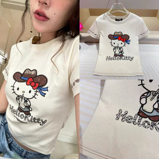 Áo phông cotton cổ tròn cộc tay hình hello kitty cao bồi form babytee #21386