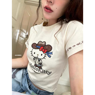 Áo phông cotton cổ tròn cộc tay hình hello kitty cao bồi form babytee #21386