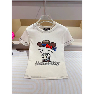 Áo phông cotton cổ tròn cộc tay hình hello kitty cao bồi form babytee #21386