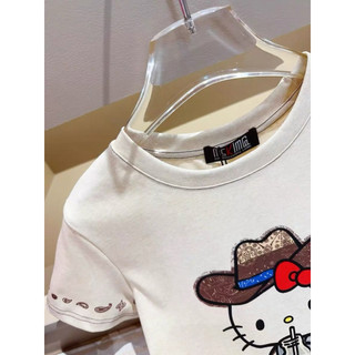 Áo phông cotton cổ tròn cộc tay hình hello kitty cao bồi form babytee #21386