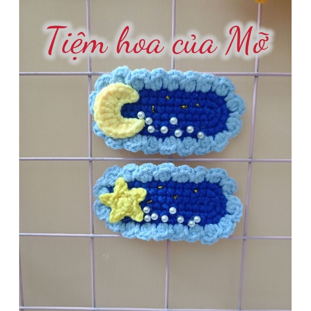 Kẹp Tóc Bầu Trời Trăng Sao Bằng Len Handmade - Thiết Kế Độc Đáo Với Hình Trăng Và Sao - Phụ Kiện Tóc