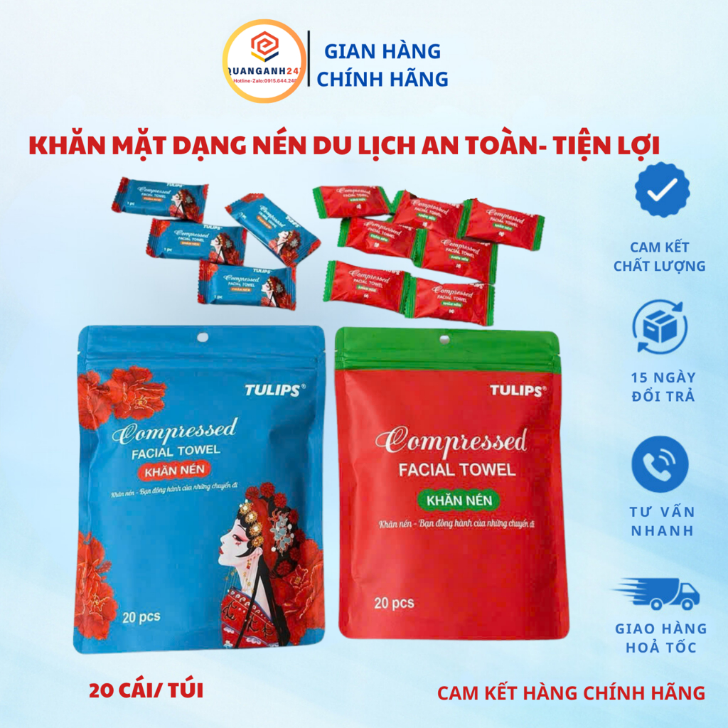 Túi 20 Khăn mặt dạng nén Tulips bằng vải không dệt khử khuẩn tự nhiên mềm mại, an toàn và tiện lợi