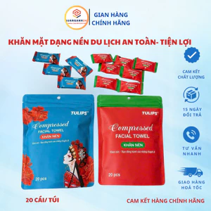 Túi 20 Khăn mặt dạng nén Tulips bằng vải không dệt khử khuẩn tự nhiên mềm mại, an toàn và tiện lợi