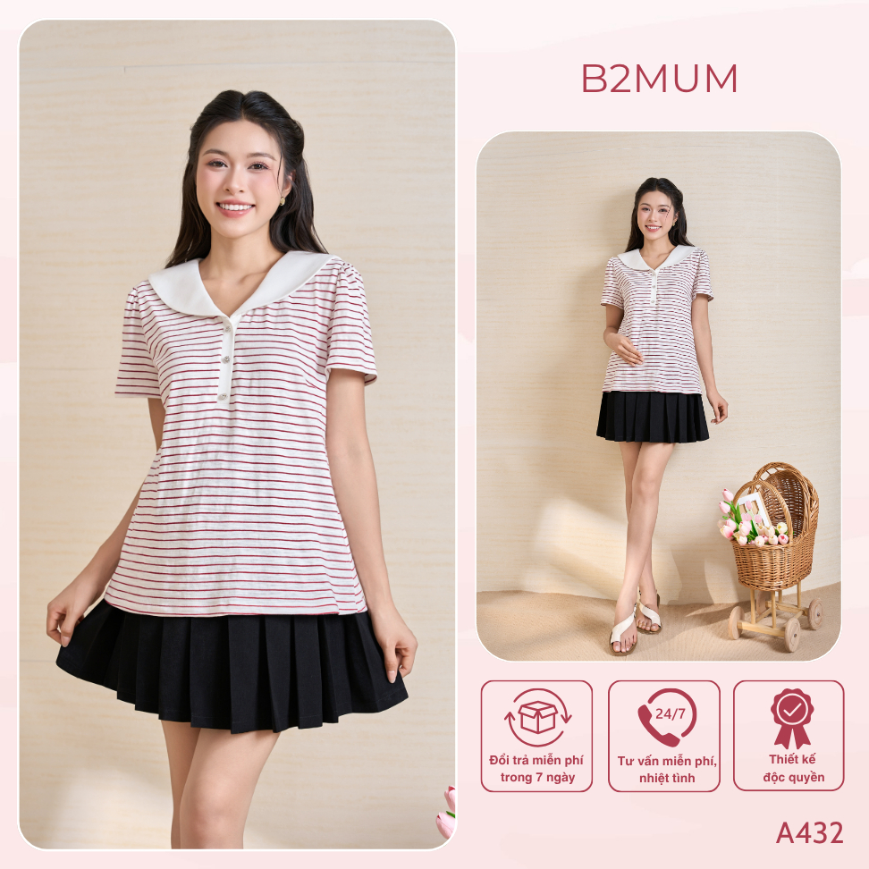 Áo Bầu Kẻ Sọc Cổ Thủy Thủ, Chất Cotton Mềm Mát Co Giãn, Form Suông Dễ Mặc Dễ Phối, Đi Chơi Đi Làm Zenvy Shirt A432 B2MUM