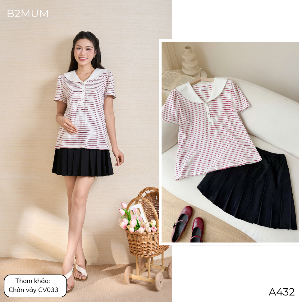 Áo Bầu Kẻ Sọc Cổ Thủy Thủ, Chất Cotton Mềm Mát Co Giãn, Form Suông Dễ Mặc Dễ Phối, Đi Chơi Đi Làm Zenvy Shirt A432 B2MUM