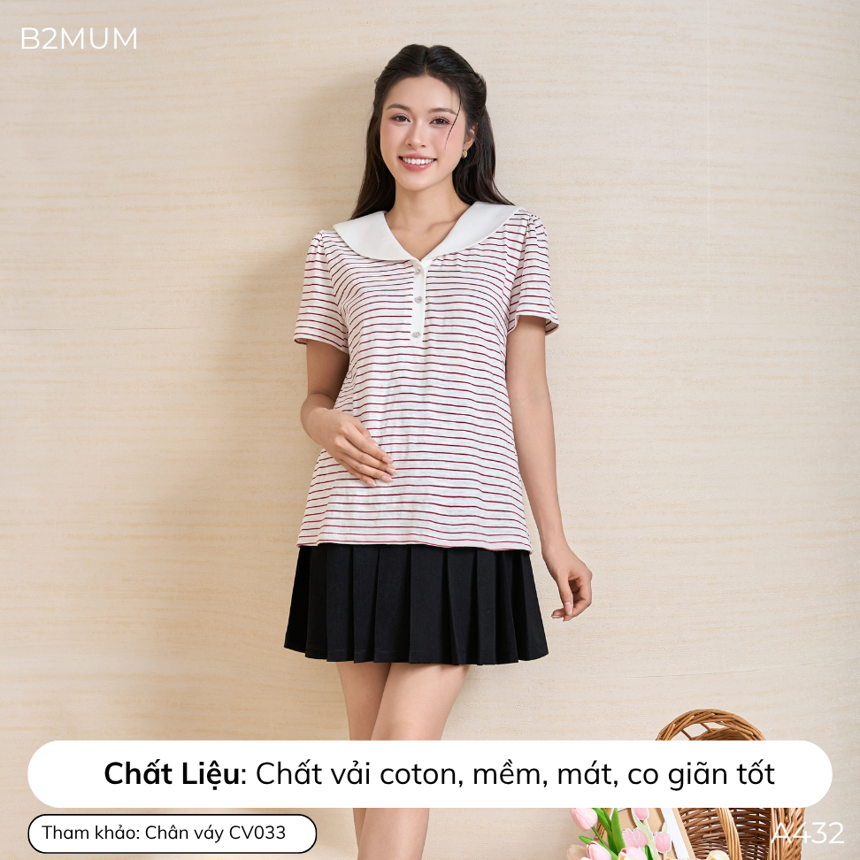Áo Bầu Kẻ Sọc Cổ Thủy Thủ, Chất Cotton Mềm Mát Co Giãn, Form Suông Dễ Mặc Dễ Phối, Đi Chơi Đi Làm Zenvy Shirt A432 B2MUM