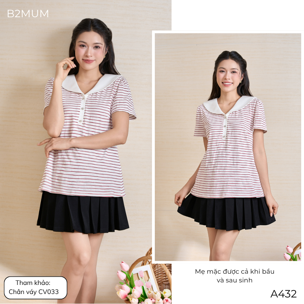 Áo Bầu Kẻ Sọc Cổ Thủy Thủ, Chất Cotton Mềm Mát Co Giãn, Form Suông Dễ Mặc Dễ Phối, Đi Chơi Đi Làm Zenvy Shirt A432 B2MUM