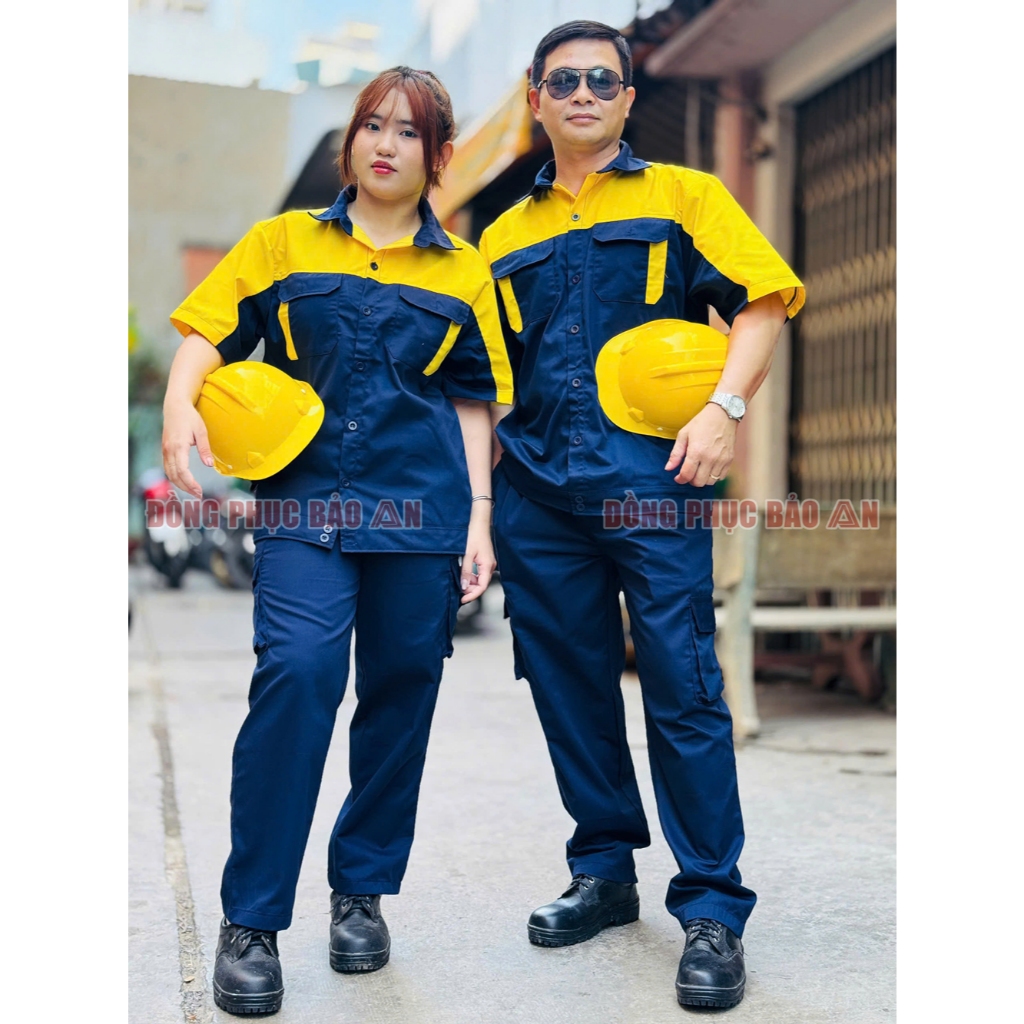 QUẦN - ÁO BẢO HỘ LAO ĐỘNG KAKI TAY NGẮN MÀU XANH ĐEN PHỐI VÀNG - ĐỒ BẢO HỘ CHO CÔNG NHÂN KỸ THUẬT - NHẬN IN LOGO YÊU CẦU