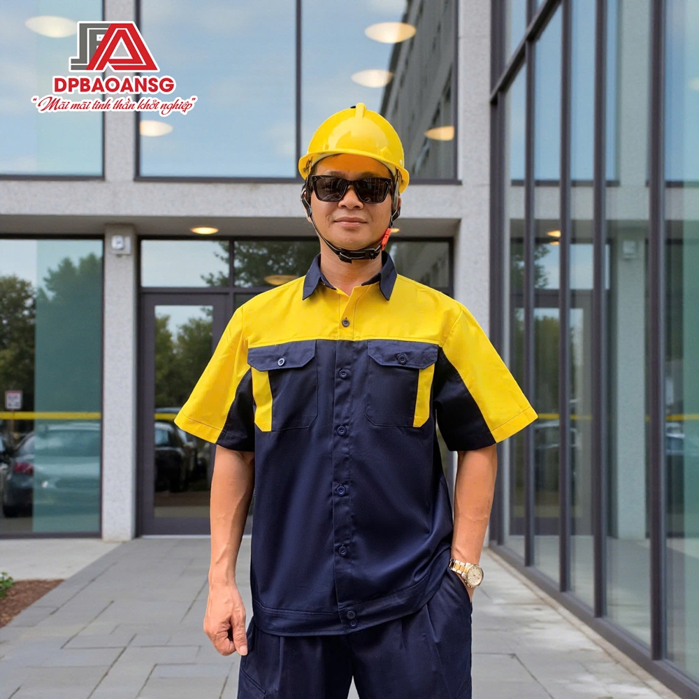 QUẦN - ÁO BẢO HỘ LAO ĐỘNG KAKI TAY NGẮN MÀU XANH ĐEN PHỐI VÀNG - ĐỒ BẢO HỘ CHO CÔNG NHÂN KỸ THUẬT - NHẬN IN LOGO YÊU CẦU