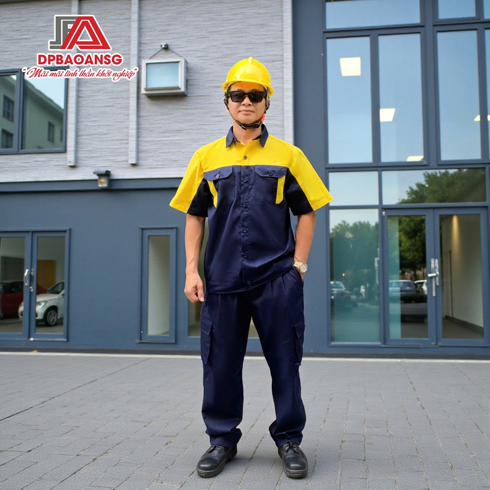 QUẦN - ÁO BẢO HỘ LAO ĐỘNG KAKI TAY NGẮN MÀU XANH ĐEN PHỐI VÀNG - ĐỒ BẢO HỘ CHO CÔNG NHÂN KỸ THUẬT - NHẬN IN LOGO YÊU CẦU