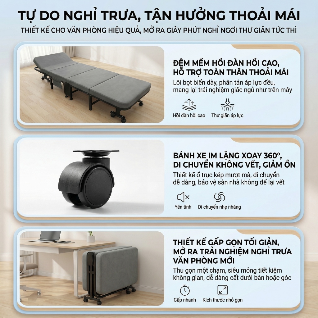 Giường Gấp Gọn Khung CONOCO Thép Nệm Dày Bánh Xe 360 Chỉ 0.1m2 Cho Phòng Trọ