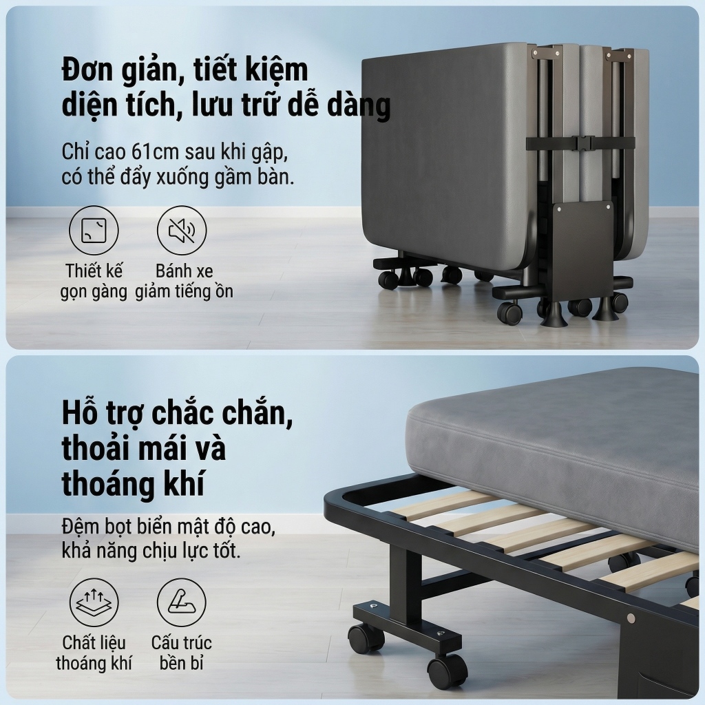 Giường Gấp Gọn Khung CONOCO Thép Nệm Dày Bánh Xe 360 Chỉ 0.1m2 Cho Phòng Trọ