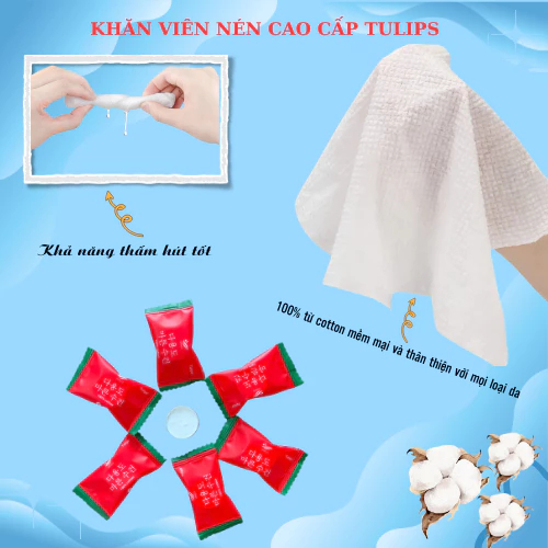 Túi 20 Khăn mặt dạng nén Tulips bằng vải không dệt khử khuẩn tự nhiên mềm mại, an toàn và tiện lợi