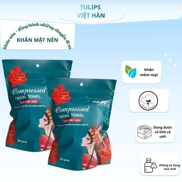 Túi 20 Khăn mặt dạng nén Tulips bằng vải không dệt khử khuẩn tự nhiên mềm mại, an toàn và tiện lợi