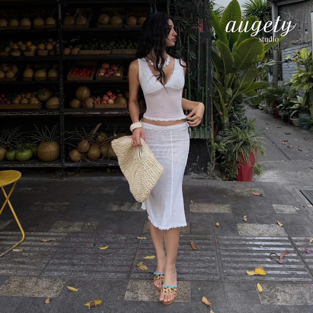 [MUA KÈM ÁO GIẢM 30K] Chân Váy midi Đuôi Cá Cạp Trễ Nhún Bèo 2 Lớp Tròn Hông Augety Studio, NIKAI Mesh Midi Skirt