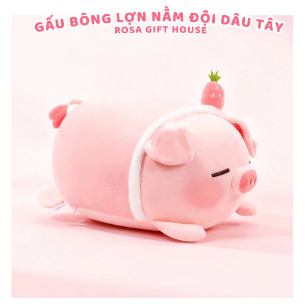 Gấu Bông Heo Nằm Đội Dâu Tây Cao Cấp 35cm 45cm 55cm – Thú Nhồi Bông Ôm Ngủ Siêu Mềm