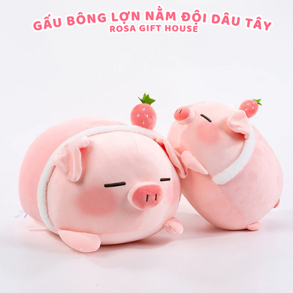 Gấu Bông Heo Nằm Đội Dâu Tây Cao Cấp 35cm 45cm 55cm – Thú Nhồi Bông Ôm Ngủ Siêu Mềm