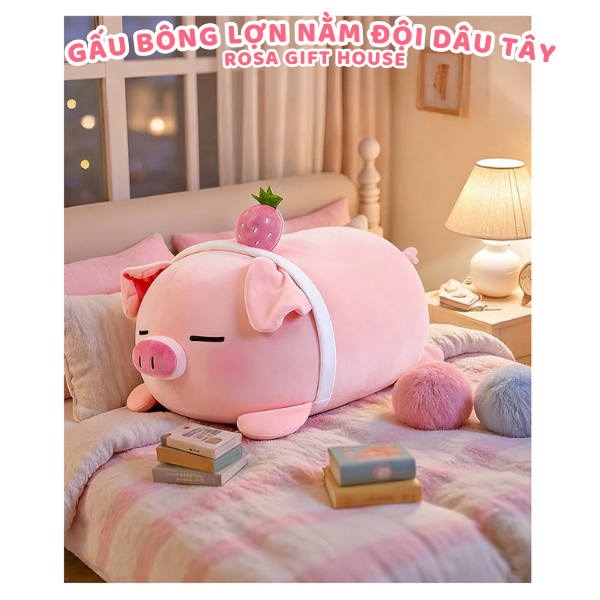 Gấu Bông Heo Nằm Đội Dâu Tây Cao Cấp 35cm 45cm 55cm – Thú Nhồi Bông Ôm Ngủ Siêu Mềm