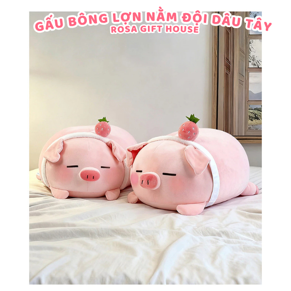 Gấu Bông Heo Nằm Đội Dâu Tây Cao Cấp 35cm 45cm 55cm – Thú Nhồi Bông Ôm Ngủ Siêu Mềm