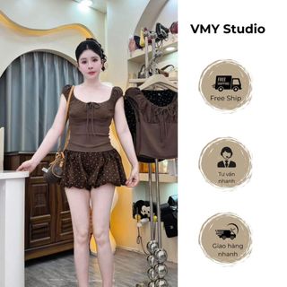 VMY Studio - Set đồ bộ áo ren bèo thắt nơ mix quần chấm bi siêu xinh trẻ trung nữ