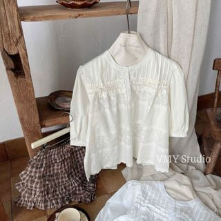 VMY Studio - Áo thun cổ tròn ren bèo trước ngực tay lỡ from dài xinh xắn, áo babydoll cổ trụ ren bèo QCCC nữ