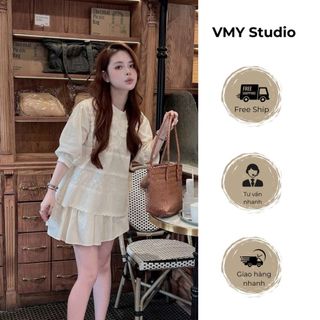 VMY Studio - Áo thun cổ tròn ren bèo trước ngực tay lỡ from dài xinh xắn, áo babydoll cổ trụ ren bèo QCCC nữ