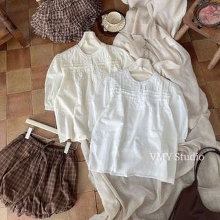 VMY Studio - Áo thun cổ tròn ren bèo trước ngực tay lỡ from dài xinh xắn, áo babydoll cổ trụ ren bèo QCCC nữ