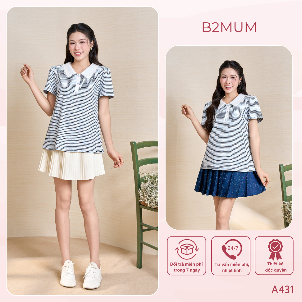 Áo Bầu Kẻ Xanh Cổ Polo Viền Ren, Form Suông Co Giãn, Dễ Mặc Dễ Phối, Đi Chơi Đi Làm Trẻ Trung Alune Shirt A431 By B2MUM