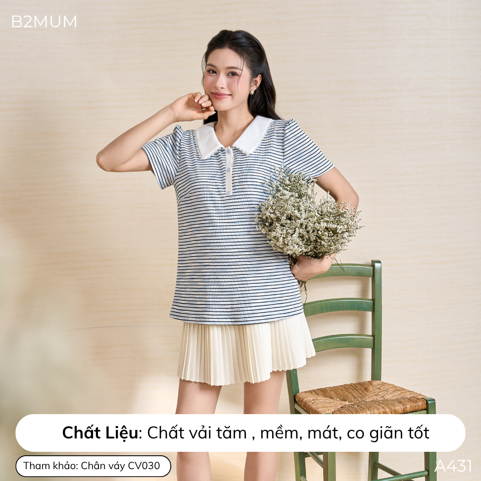 Áo Bầu Kẻ Xanh Cổ Polo Viền Ren, Form Suông Co Giãn, Dễ Mặc Dễ Phối, Đi Chơi Đi Làm Trẻ Trung Alune Shirt A431 By B2MUM