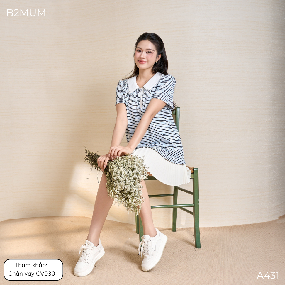 Áo Bầu Kẻ Xanh Cổ Polo Viền Ren, Form Suông Co Giãn, Dễ Mặc Dễ Phối, Đi Chơi Đi Làm Trẻ Trung Alune Shirt A431 By B2MUM