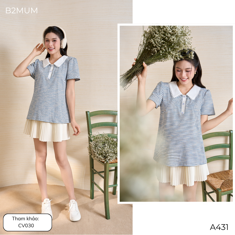 Áo Bầu Kẻ Xanh Cổ Polo Viền Ren, Form Suông Co Giãn, Dễ Mặc Dễ Phối, Đi Chơi Đi Làm Trẻ Trung Alune Shirt A431 By B2MUM
