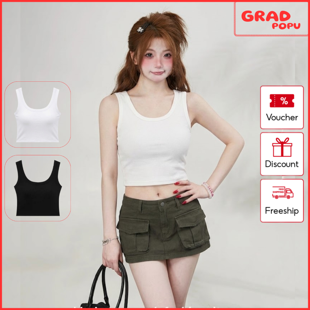 Áo ba lỗ nữ GRADPOPU dáng croptop ôm body vải gân co giãn áo tank top nữ basic Hàn Quốc PB44