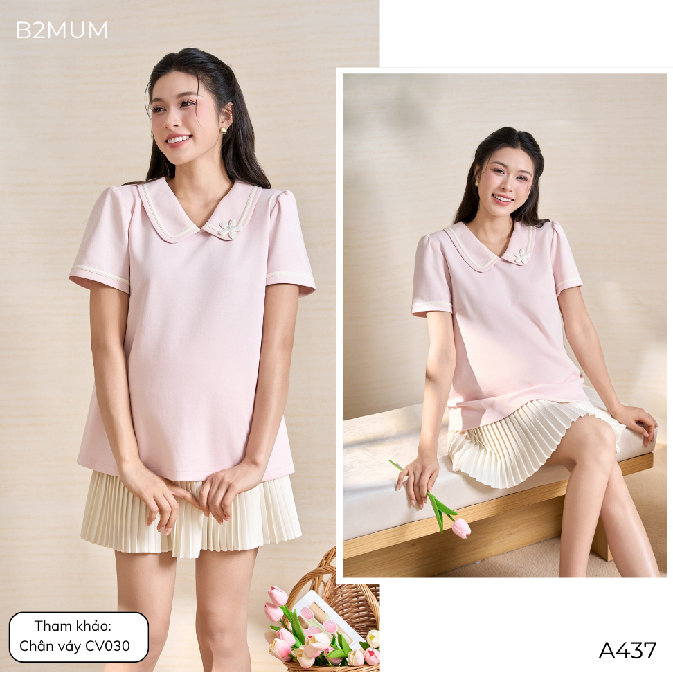 Áo Bầu Polo Hồng Pastel Cổ Viền Trắng Đính Hoa Nữ Tính, Chất Cotton Mềm Mát, Dễ Mặc Dễ Phối Velle Shirt A437 B2MUM