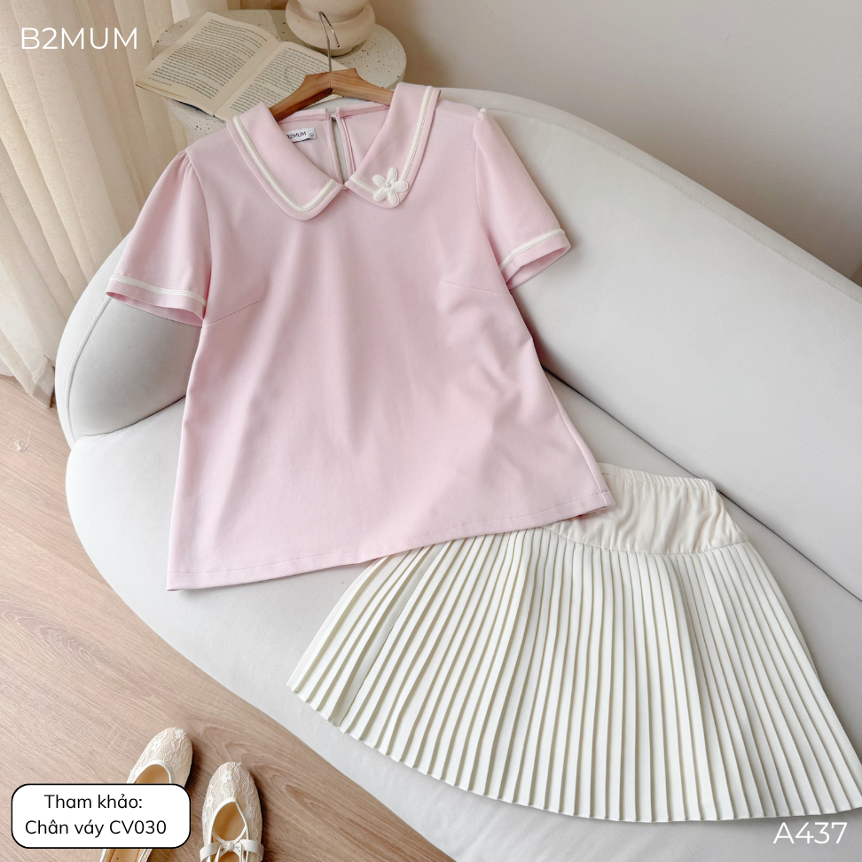 Áo Bầu Polo Hồng Pastel Cổ Viền Trắng Đính Hoa Nữ Tính, Chất Cotton Mềm Mát, Dễ Mặc Dễ Phối Velle Shirt A437 B2MUM