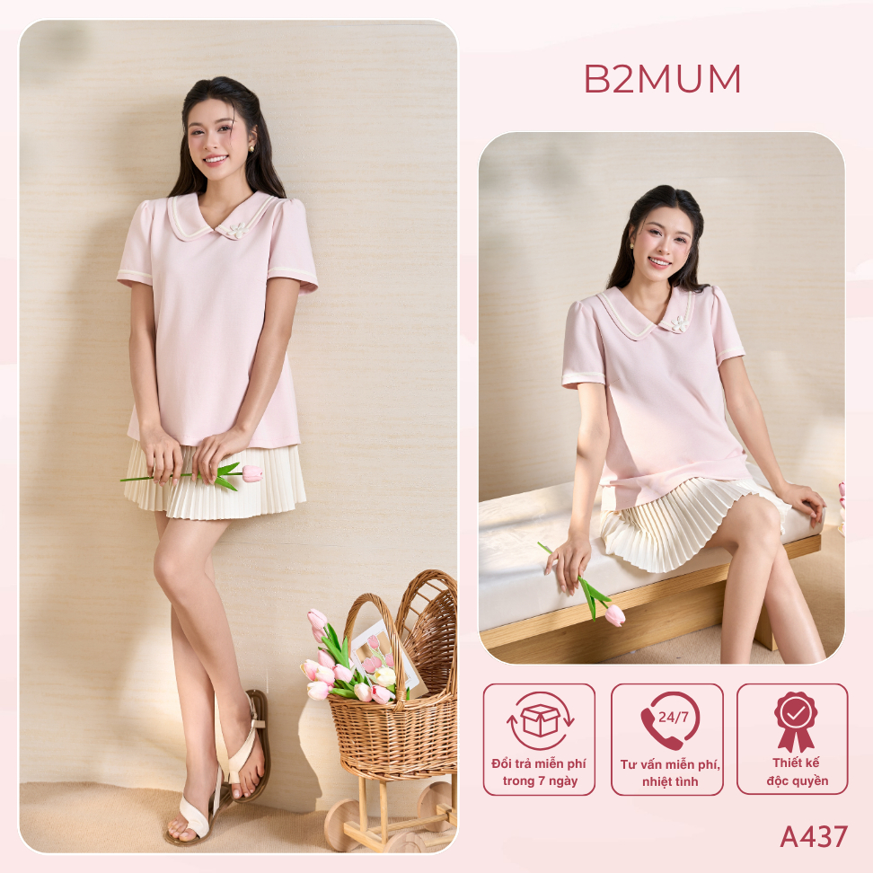 Áo Bầu Polo Hồng Pastel Cổ Viền Trắng Đính Hoa Nữ Tính, Chất Cotton Mềm Mát, Dễ Mặc Dễ Phối Velle Shirt A437 B2MUM