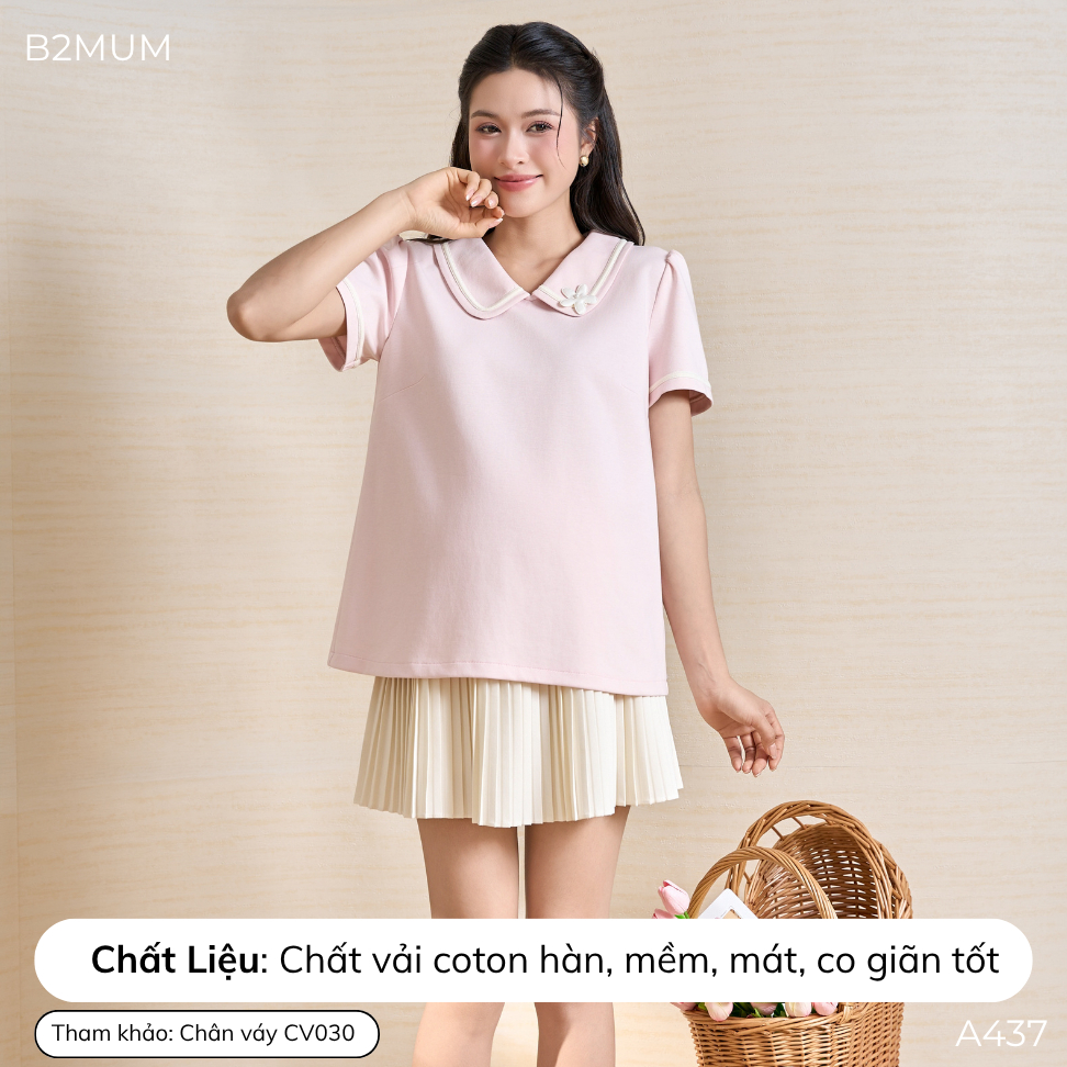 Áo Bầu Polo Hồng Pastel Cổ Viền Trắng Đính Hoa Nữ Tính, Chất Cotton Mềm Mát, Dễ Mặc Dễ Phối Velle Shirt A437 B2MUM