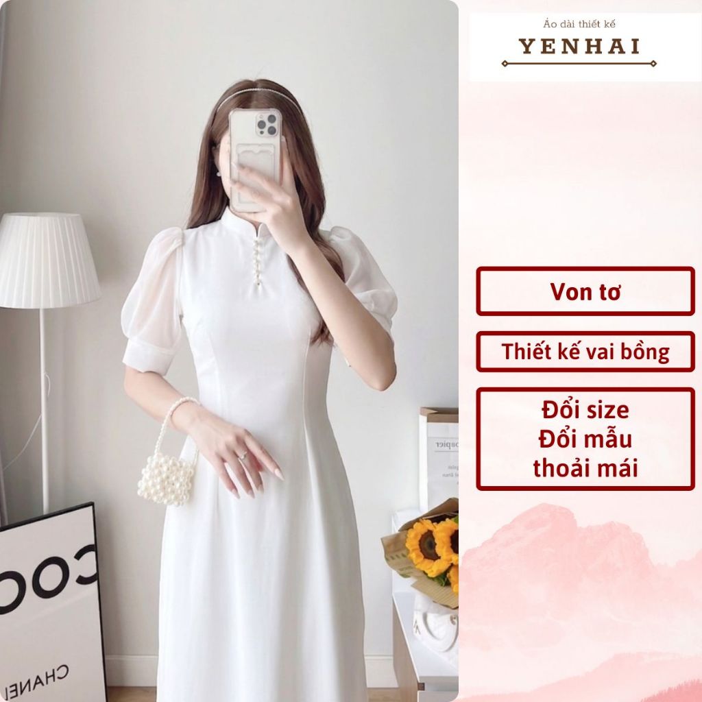 Áo dài thiết kế tay bồng von kết cúc ngọc chất lụa thái tuấn cao cấp - HT59
