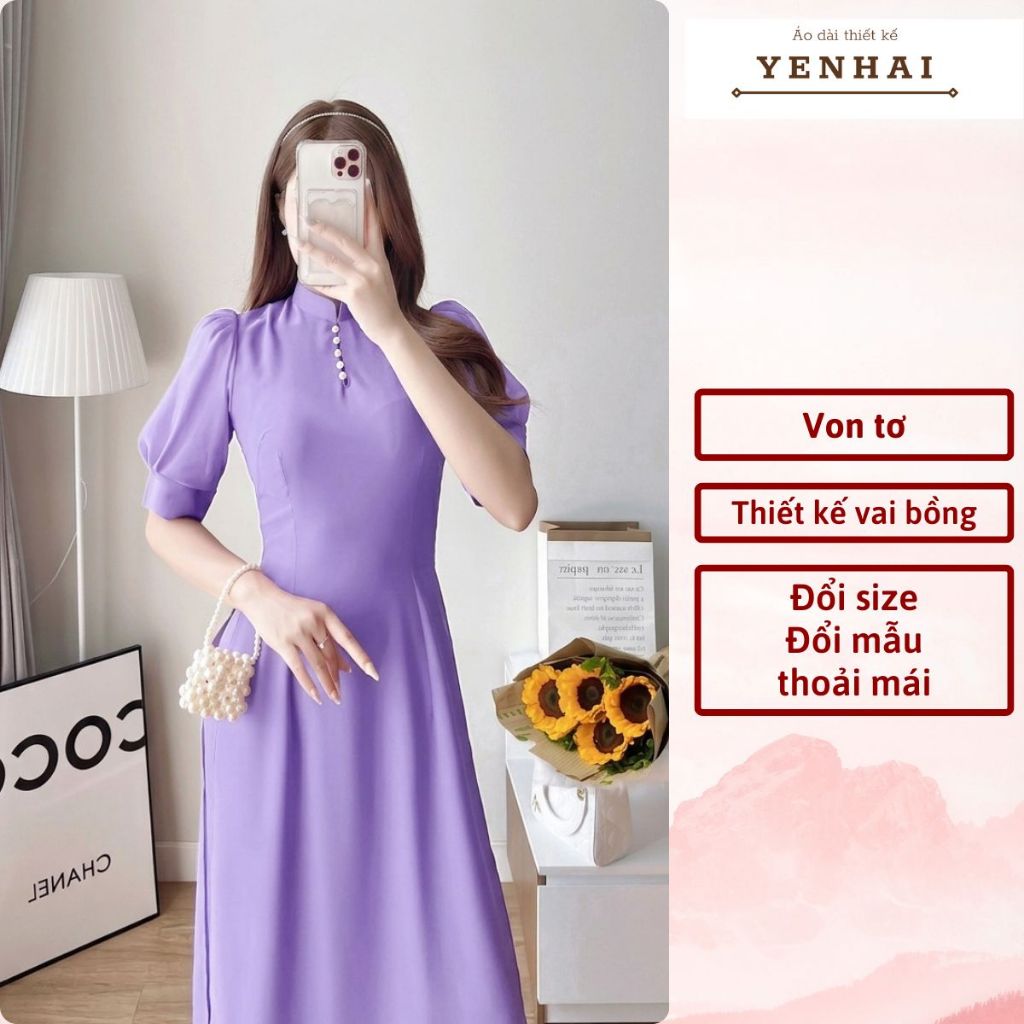 Áo dài thiết kế tay bồng von kết cúc ngọc chất lụa thái tuấn cao cấp - HT59