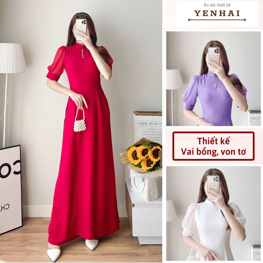 Áo dài thiết kế tay bồng von kết cúc ngọc chất lụa thái tuấn cao cấp - HT59